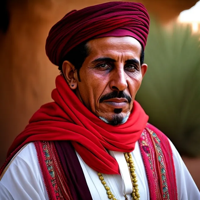 a man wearing a red turban and a gold necklace