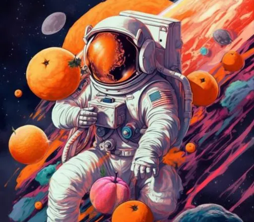 a painting of an astronaut sitting on an orange