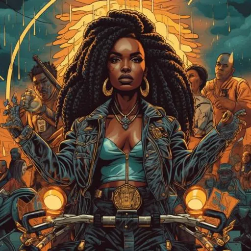 a woman on a motorcycle surrounded by other people