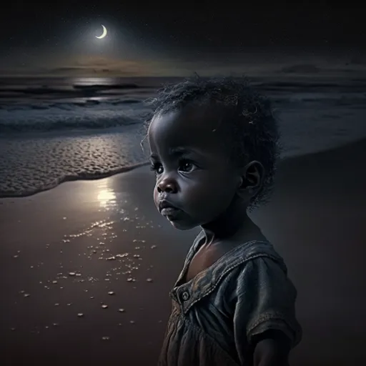 a young child standing on a beach at night