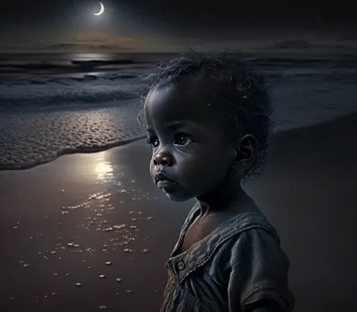 a young child standing on a beach at night