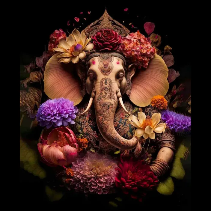 a painting of an elephant surrounded by flowers