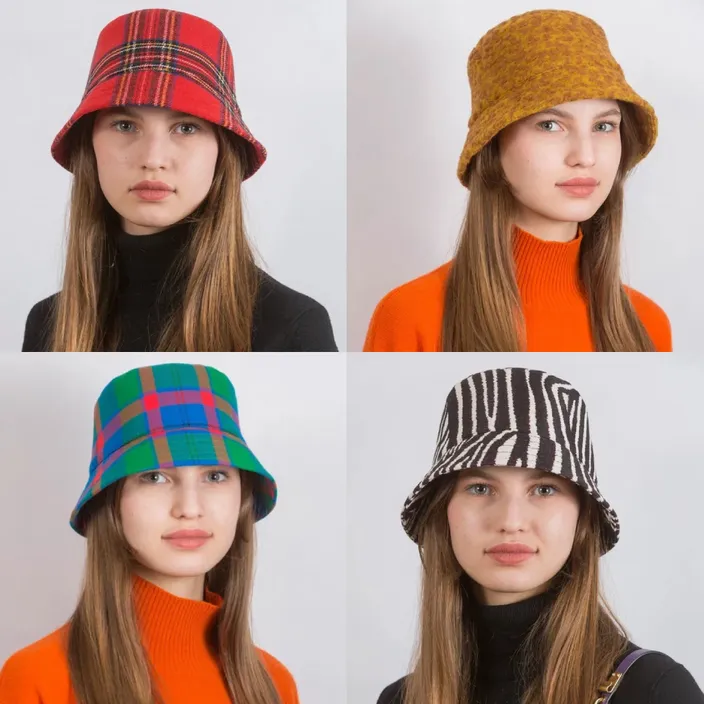 four pictures of a woman wearing different hats