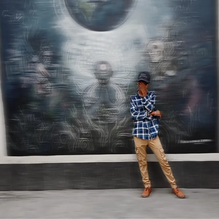 a man standing in front of a large painting