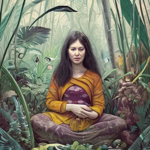 a painting of a woman sitting in the middle of a forest