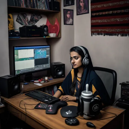 a woman sitting at a desk with headphones on