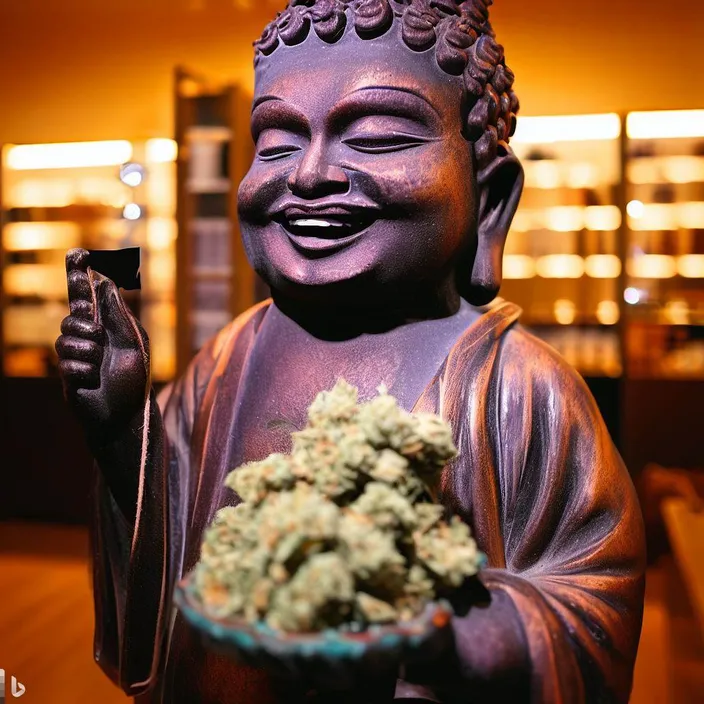 a buddha statue holding a bowl of marijuana