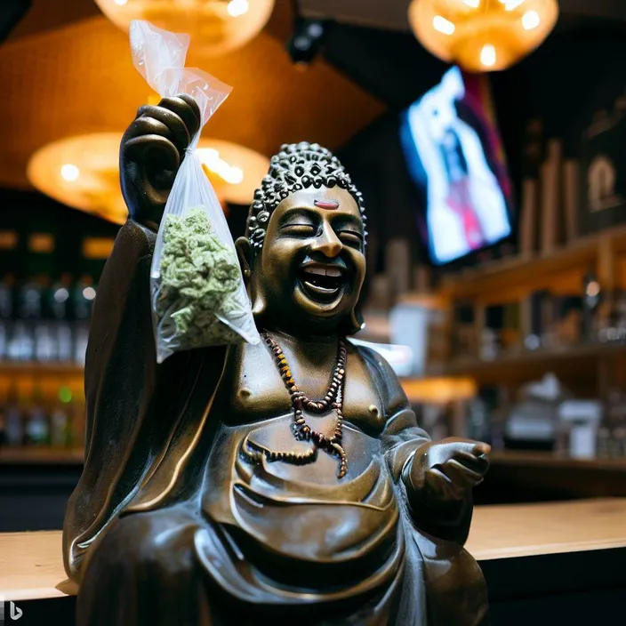 a statue of a buddha holding a bag of marijuana