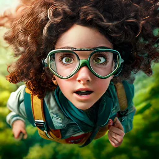 a young girl wearing goggles and flying through the air