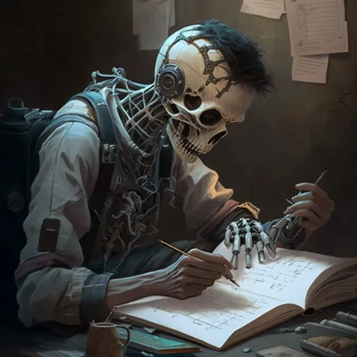 a man in a skeleton mask writing on a book