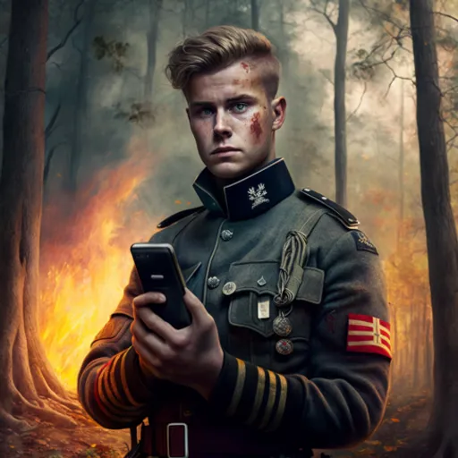 a painting of a man in uniform holding a cell phone