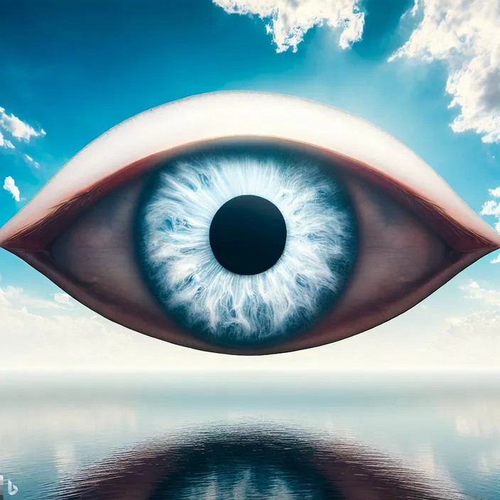 an eye with a reflection in the water blinking and looking to the left and right