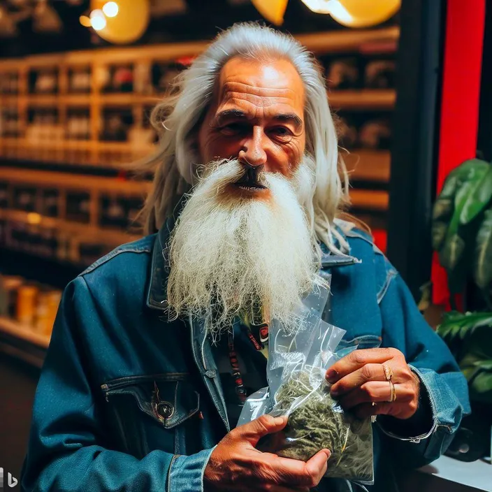 a man with a long white beard holding a bag of marijuana