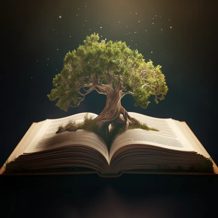 an open book with a tree growing out of it