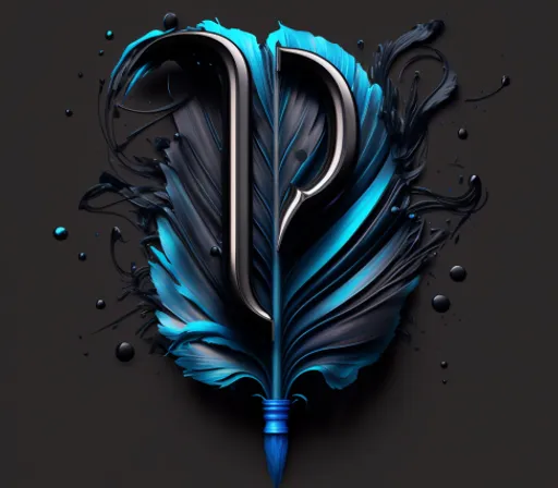 a blue feather with a letter p on it