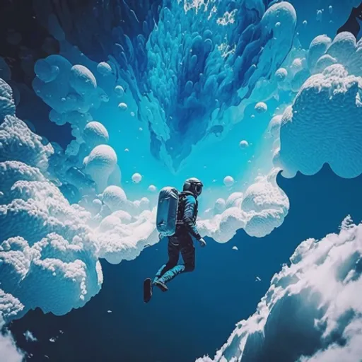 a man floating in the air surrounded by clouds