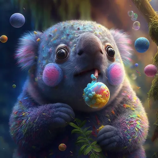 a painting of a baby koala eating an ice cream cone