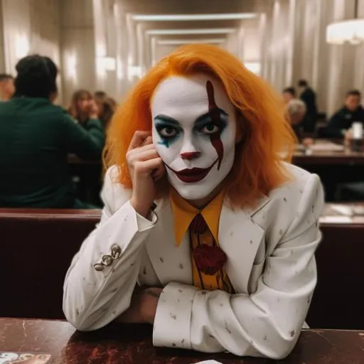 a man dressed as a clown sitting at a table