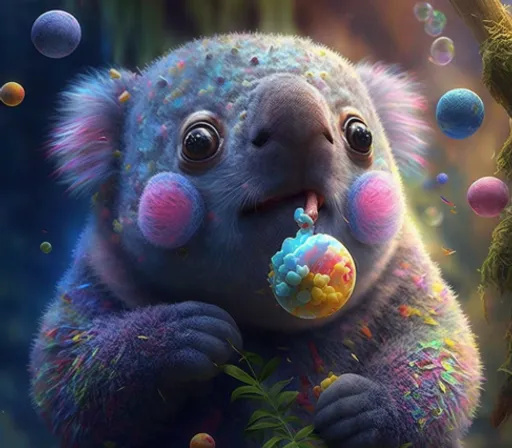 a painting of a koala eating a gummy ball