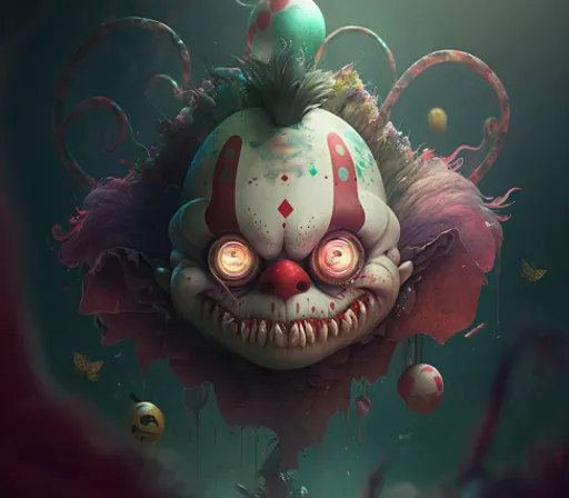 a creepy clown with glowing eyes and a creepy face