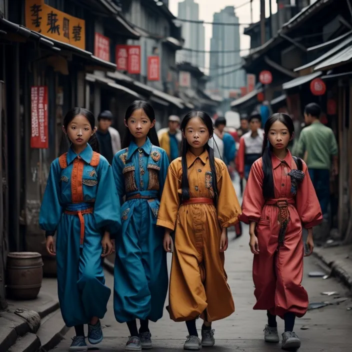 a group of young girls walking down a street