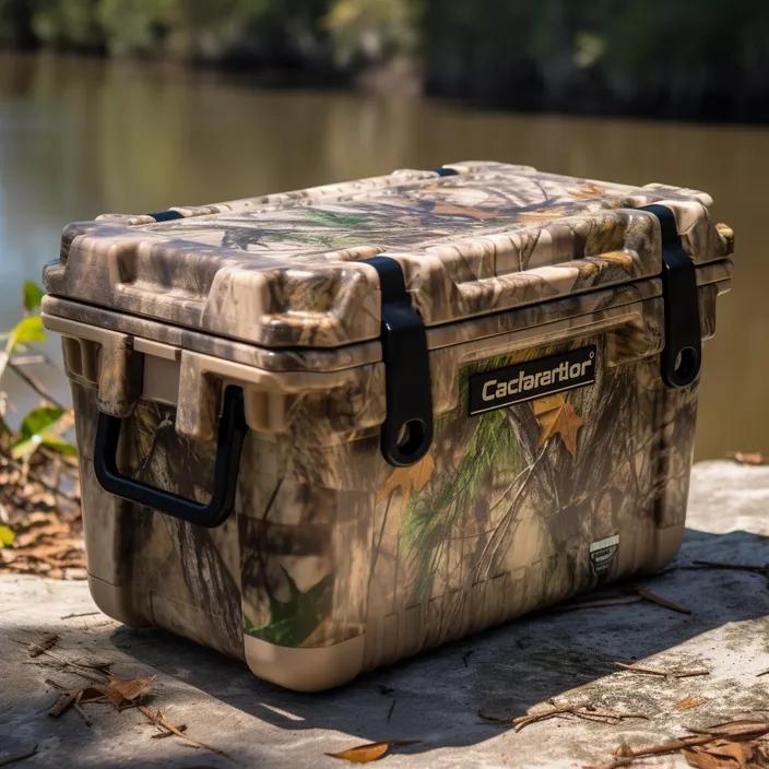 a cooler sitting on a rock next to a body of water