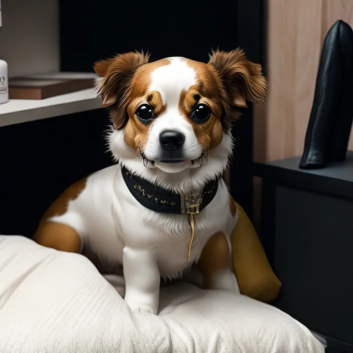 a brown and white dog sitting on top of a bed