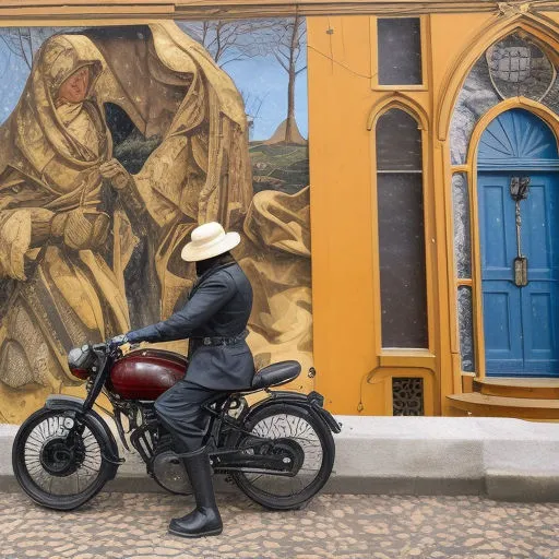 a man on a motorcycle in front of a painting