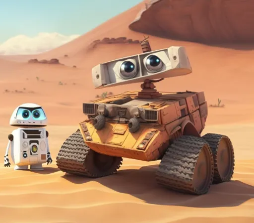 a robot and a robot car in the desert