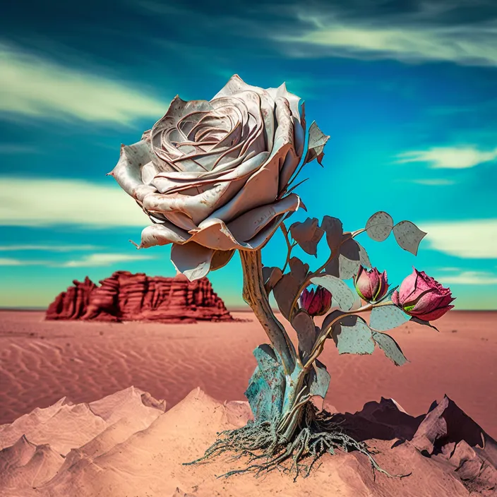 a lone rose sitting on top of a desert