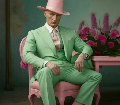 a man in a green suit and pink hat sitting on a pink chair