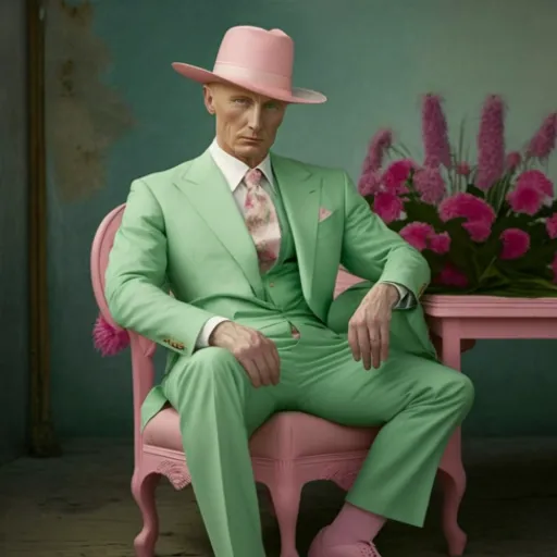 a man in a green suit and pink hat sitting on a pink chair