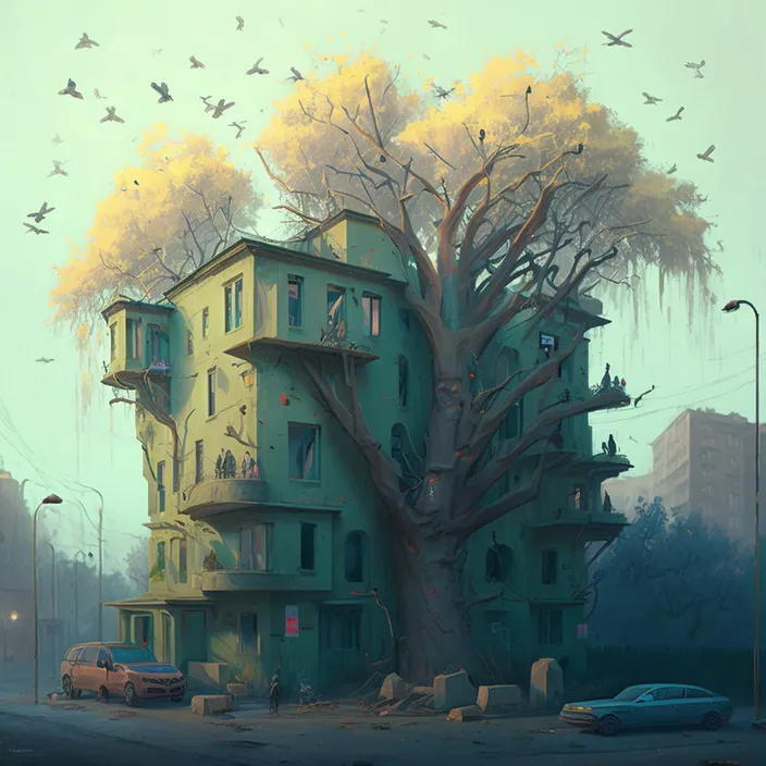 a painting of a tree house in the middle of a street