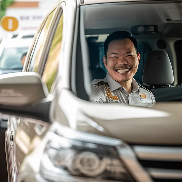 a man sitting in a car smiling for the camera