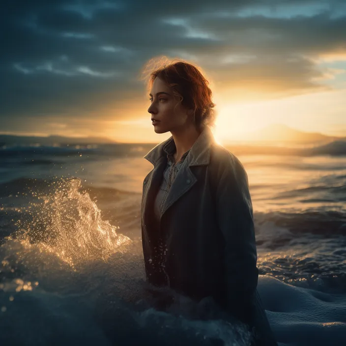 a woman standing in the ocean at sunset