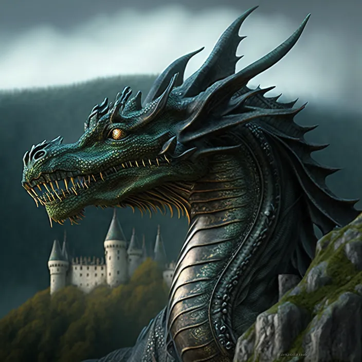 a dragon with a castle in the background