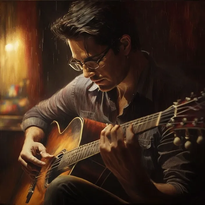 a painting of a man playing a guitar