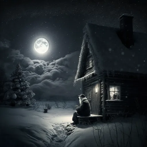 a man sitting on a bench in front of a cabin under a full moon