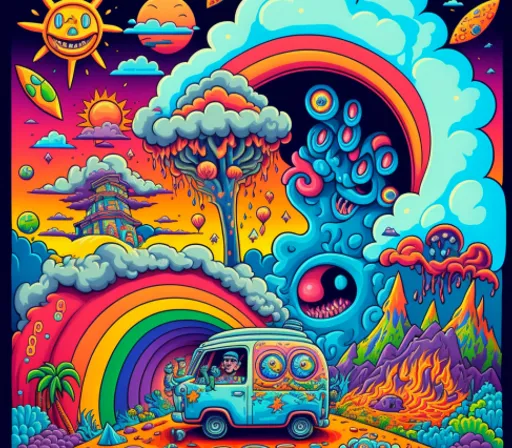 a van parked in front of a rainbow sky