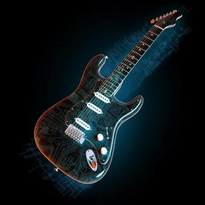 an electric guitar with a circuit board pattern on it