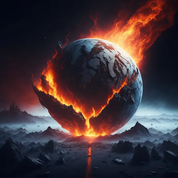 a large ball of fire in the middle of a landscapes. make the ball of fire smaller, and add a few more flames.