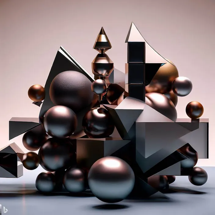 a bunch of metallic balls and shapes on a table transforming into faces and fractals