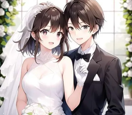 a bride and groom standing next to each other