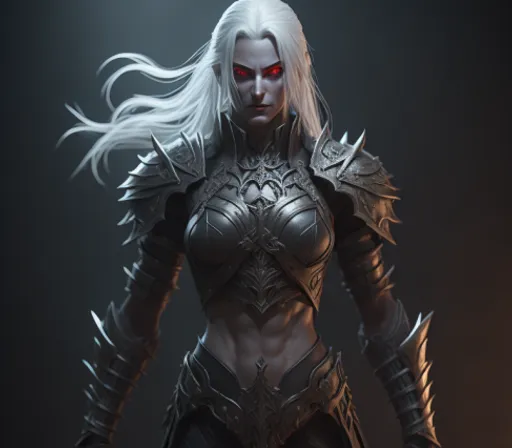 a woman with white hair and red eyes wearing armor