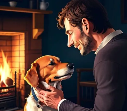 a man holding a dog in front of a fireplace