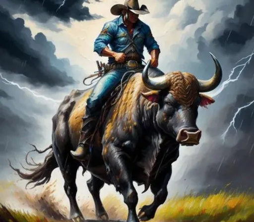 a painting of a cowboy riding a bull