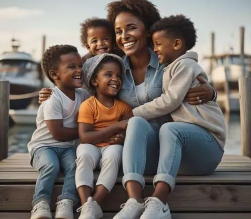 a woman sitting on a dock with her four children