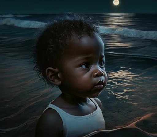 a painting of a baby in the ocean at night