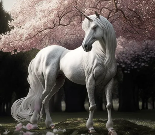 a white unicorn standing in a field of flowers