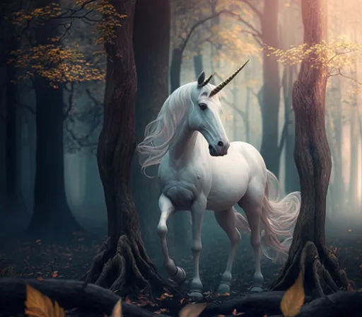 a white unicorn standing in the middle of a forest